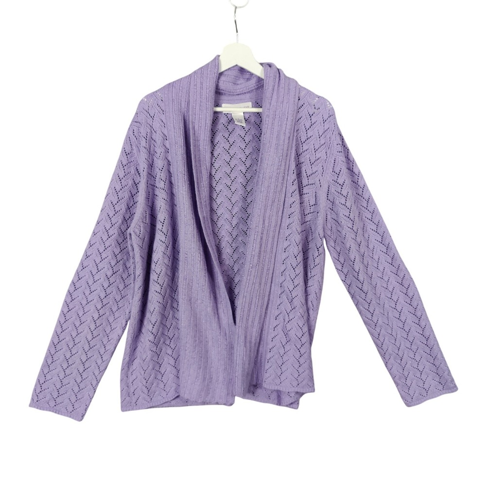 Susan Graver Womens Coastal Preppy Open Knit L Cardigan Metallic Lavender Airy
